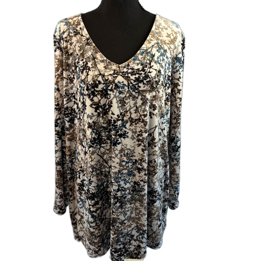 J. Jill Pure Jill Women's Velour Floral Tunic Top L V-Neck Velvet Branch EUC